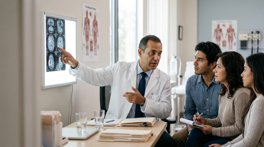 Neurólogo revisa imágenes cerebrales con una familia latina tras una lesión cerebral traumática.