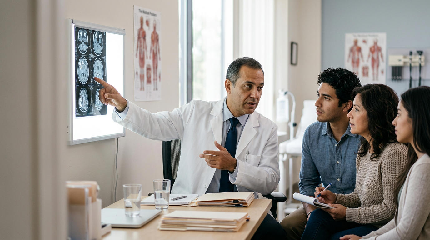 Neurólogo revisa imágenes cerebrales con una familia latina tras una lesión cerebral traumática.