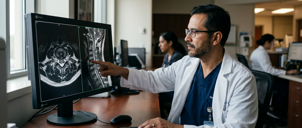 Neurocirujano hispano revisa resonancia de columna cervical con lesión de médula espinal.