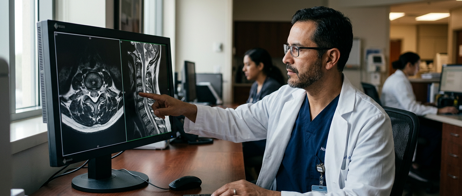 Neurocirujano hispano revisa resonancia de columna cervical con lesión de médula espinal.