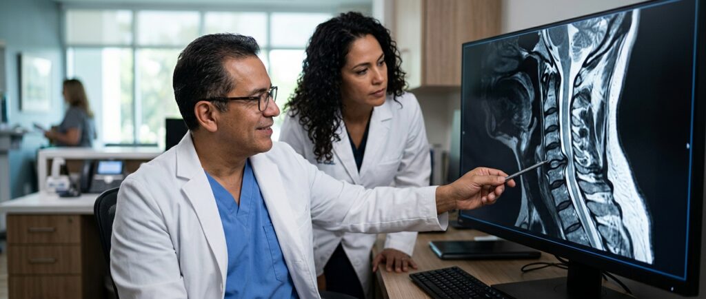 Neurocirujano hispano revisa una resonancia cervical que muestra una lesión de la médula espinal.