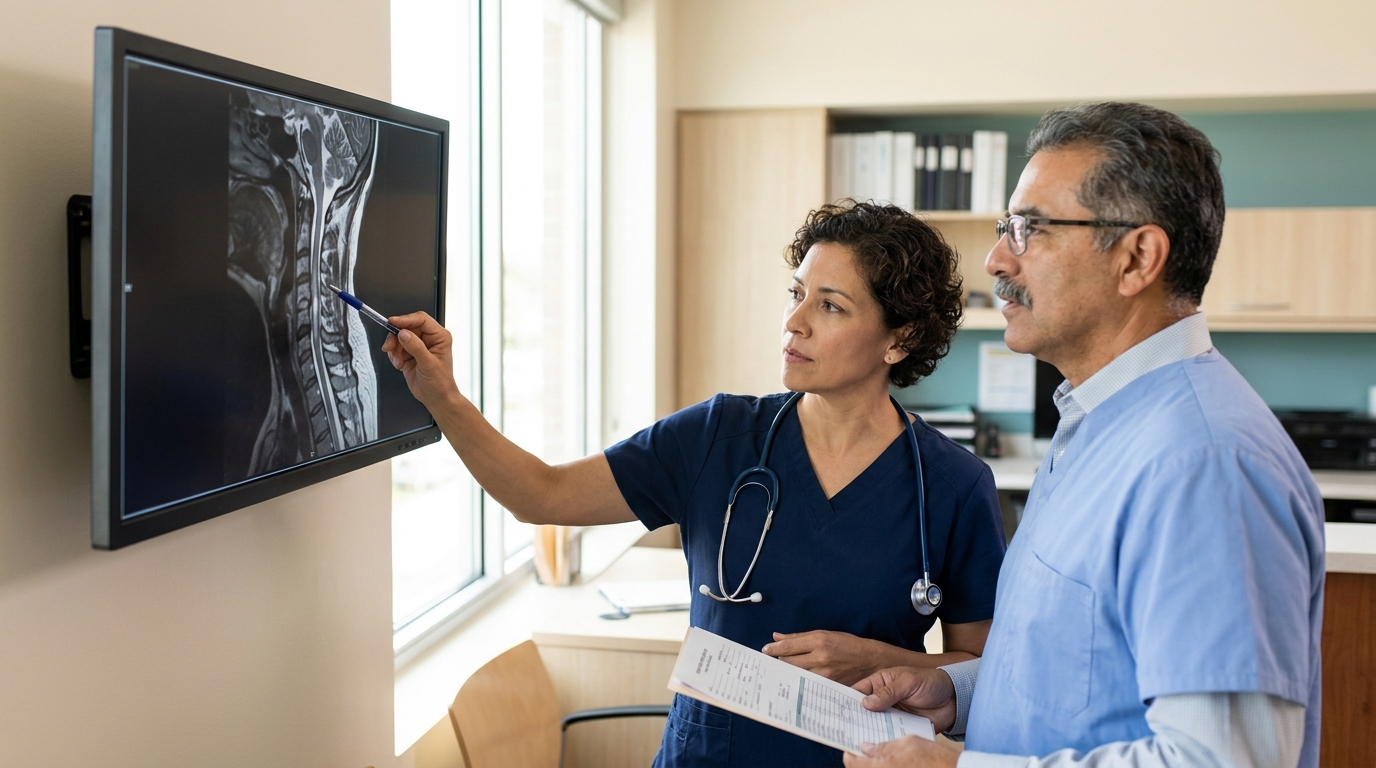 Neurocirujano hispano revisa una resonancia de columna cervical que muestra una lesión medular.