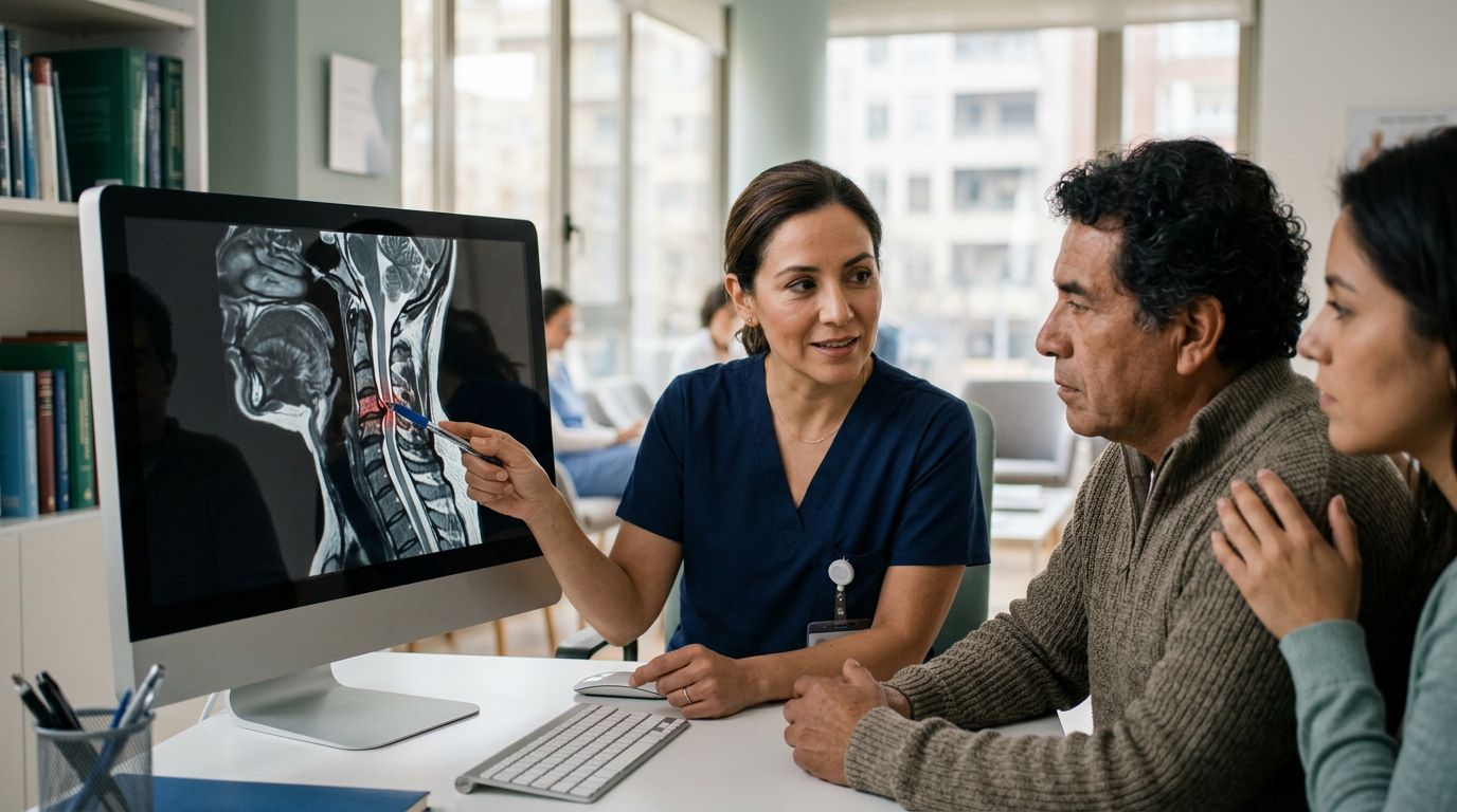 Neurocirujano hispano revisa una resonancia de columna cervical que muestra una lesión de médula espinal.