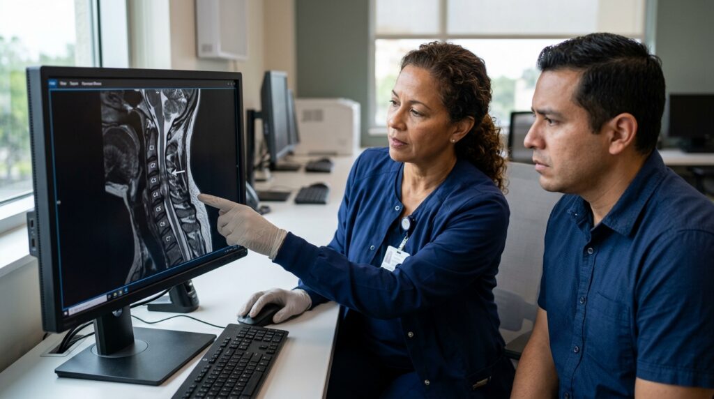 Neurocirujano hispano revisa una resonancia de columna cervical que muestra una lesión de médula espinal.