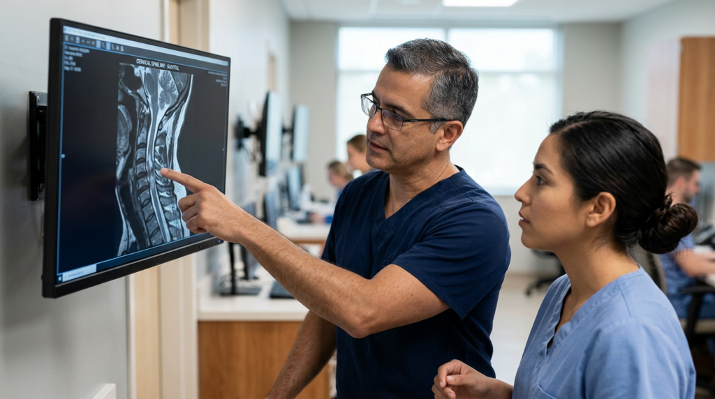 Neurocirujano hispano revisa una resonancia de columna cervical con lesión de la médula espinal.
