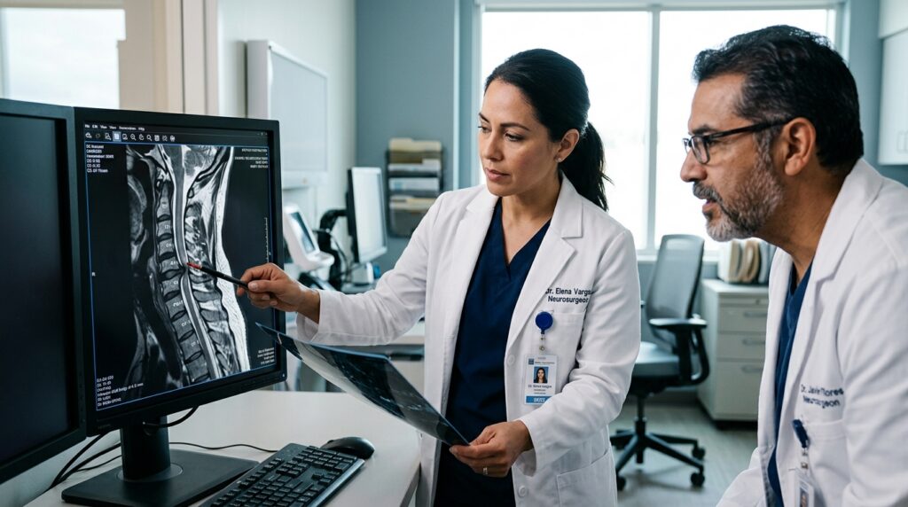 Neurocirujano hispano revisa una resonancia de columna cervical que muestra una lesión de la médula espinal.