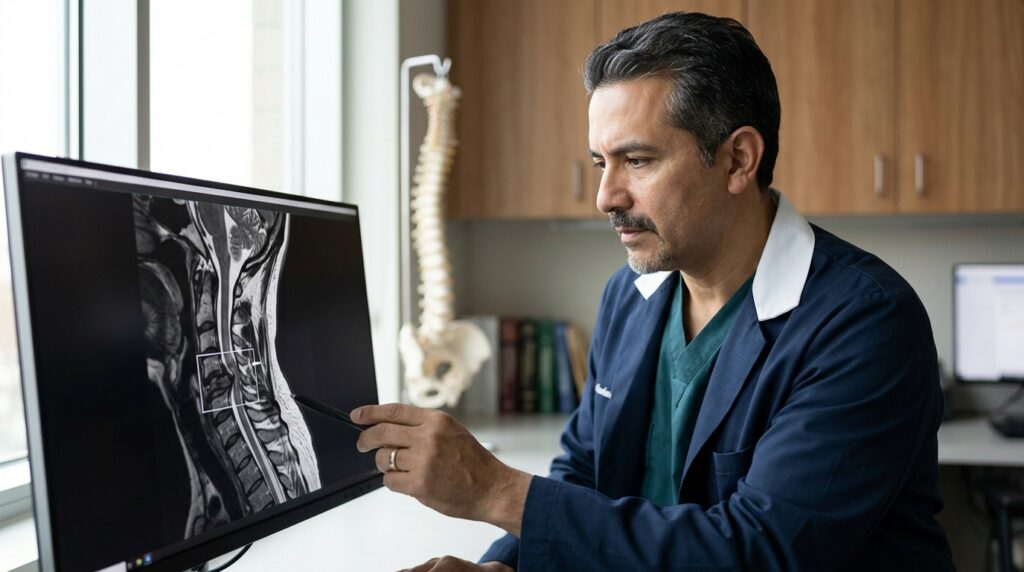 Neurocirujano hispano revisa una resonancia de columna cervical con lesión medular.