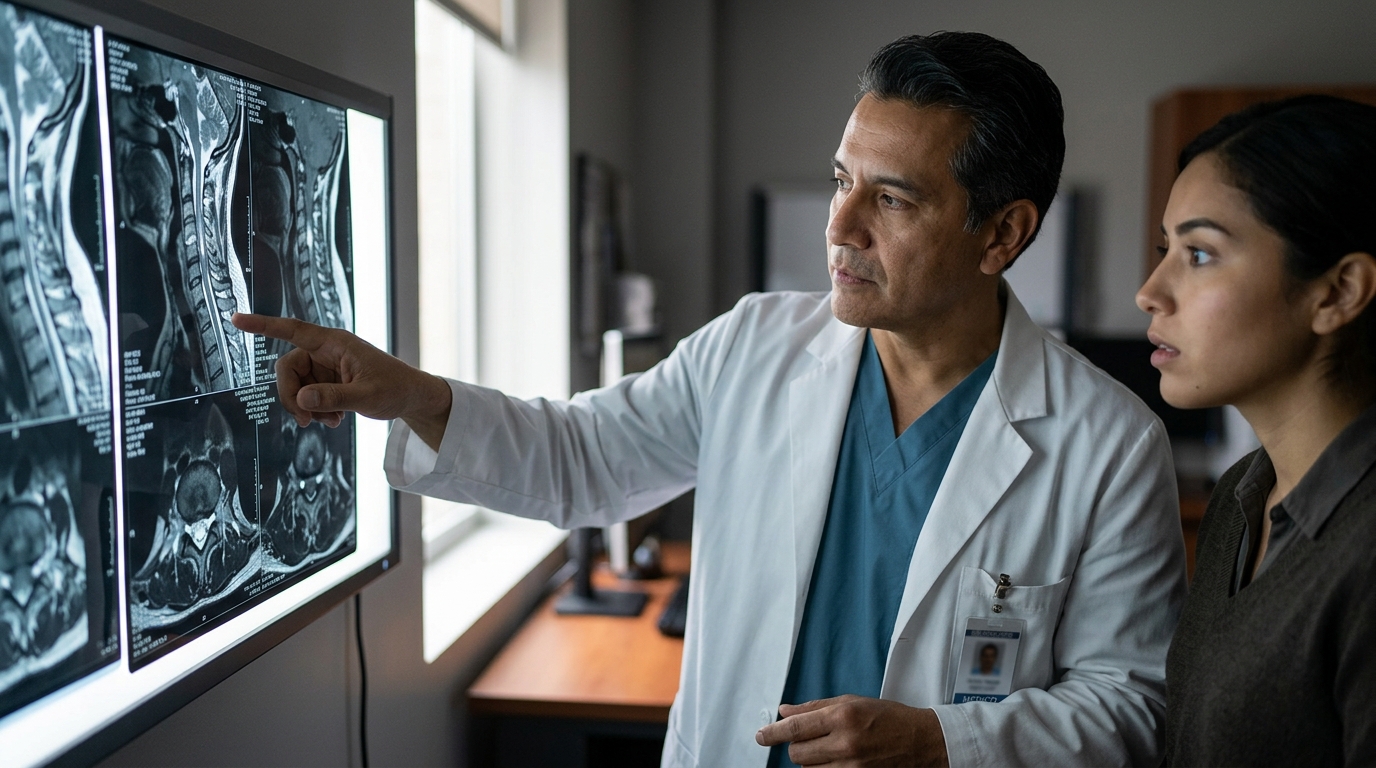 Neurocirujano hispano revisa una resonancia de columna cervical que muestra una lesión de la médula espinal.