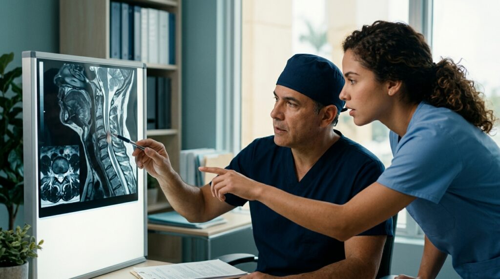 Neurocirujano hispano revisa una resonancia de columna cervical que muestra una lesión de la médula espinal.