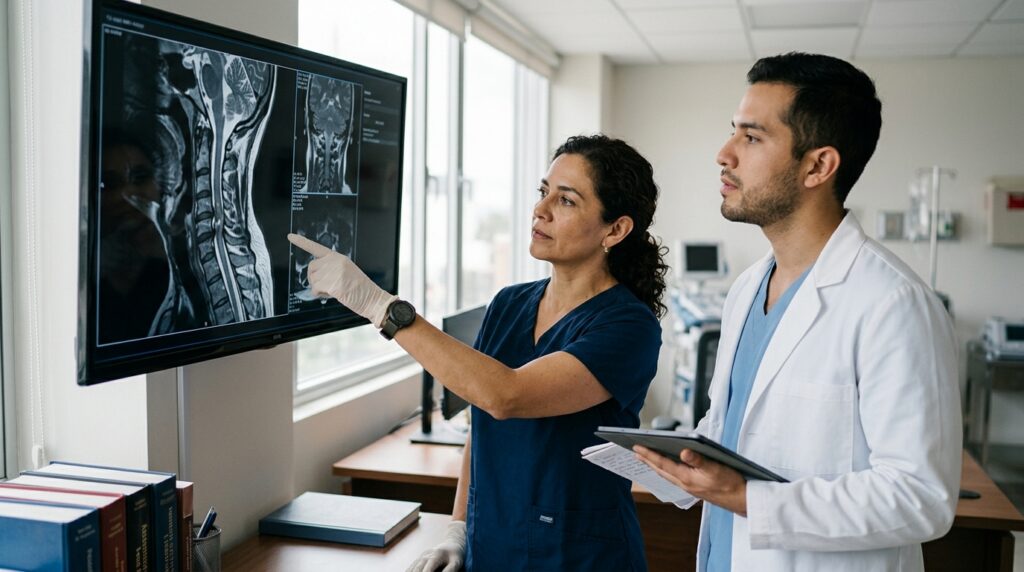 Neurocirujano hispano revisa una resonancia de columna cervical que muestra una lesión de la médula espinal.