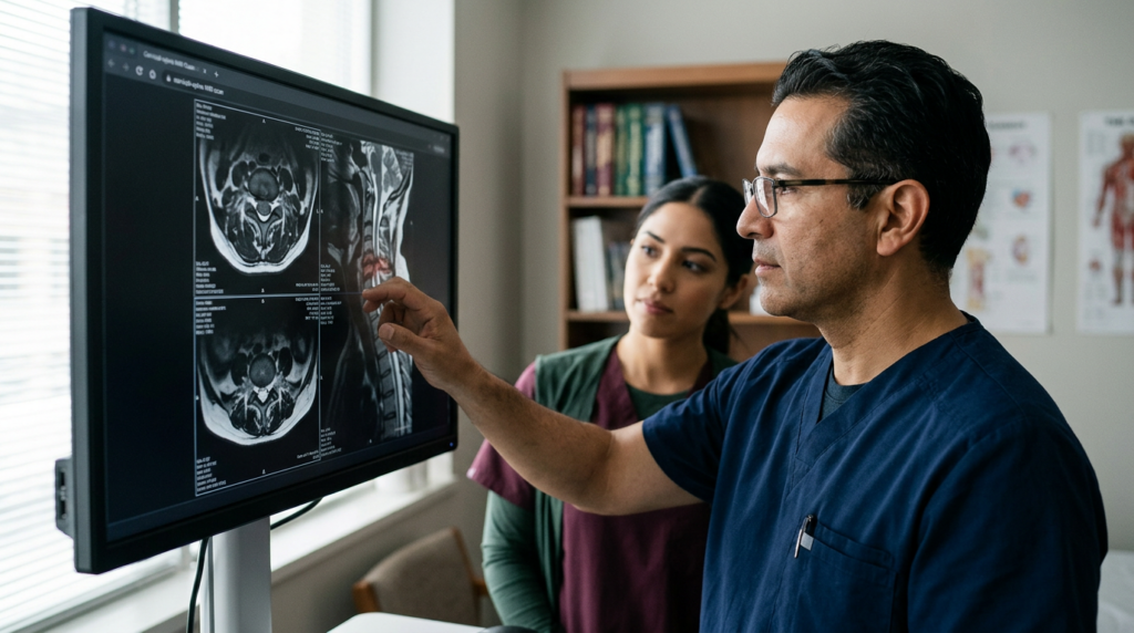 Neurocirujano hispano revisa una resonancia de columna cervical que muestra una lesión medular.