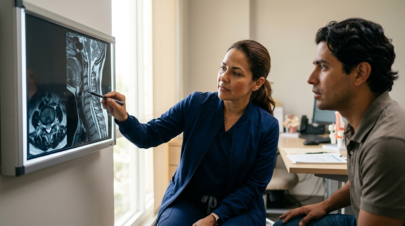 Neurocirujano hispano revisa una resonancia de columna cervical con una lesión de la médula espinal.
