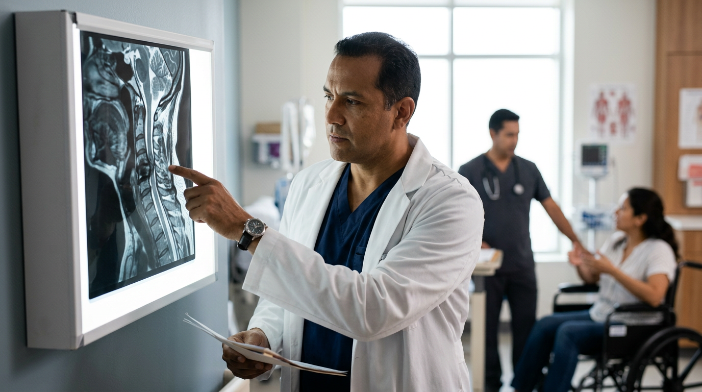 Neurocirujano hispano revisa una resonancia de columna cervical con lesión de la médula espinal.