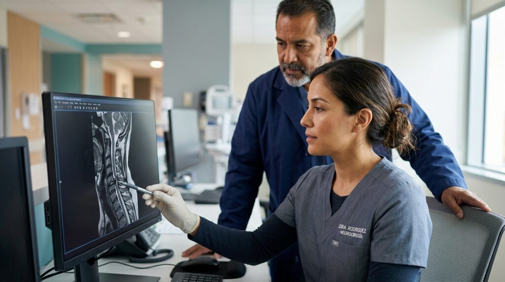 Neurocirujano hispano revisa una resonancia de columna cervical con lesión medular.