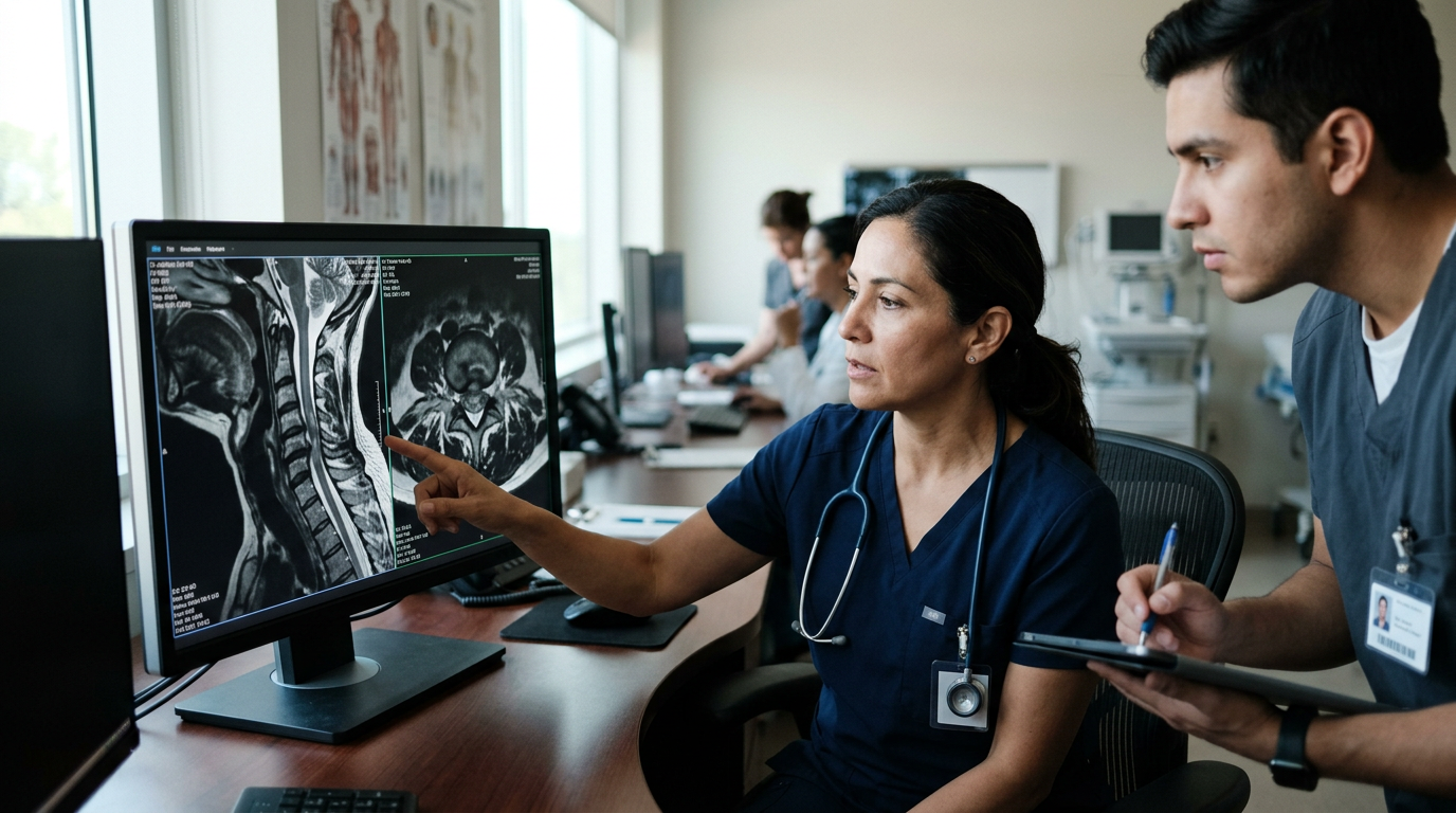 Neurocirujano hispano revisa una resonancia de columna cervical con lesión de médula espinal.