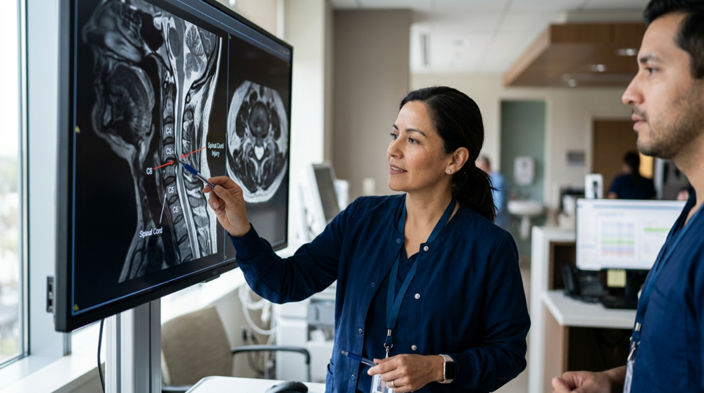 Neurocirujano hispano revisa una resonancia de columna cervical que muestra una lesión medular.