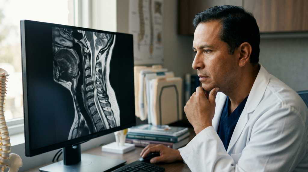 Neurocirujano hispano revisa una resonancia magnética cervical que muestra una lesión de la médula espinal.