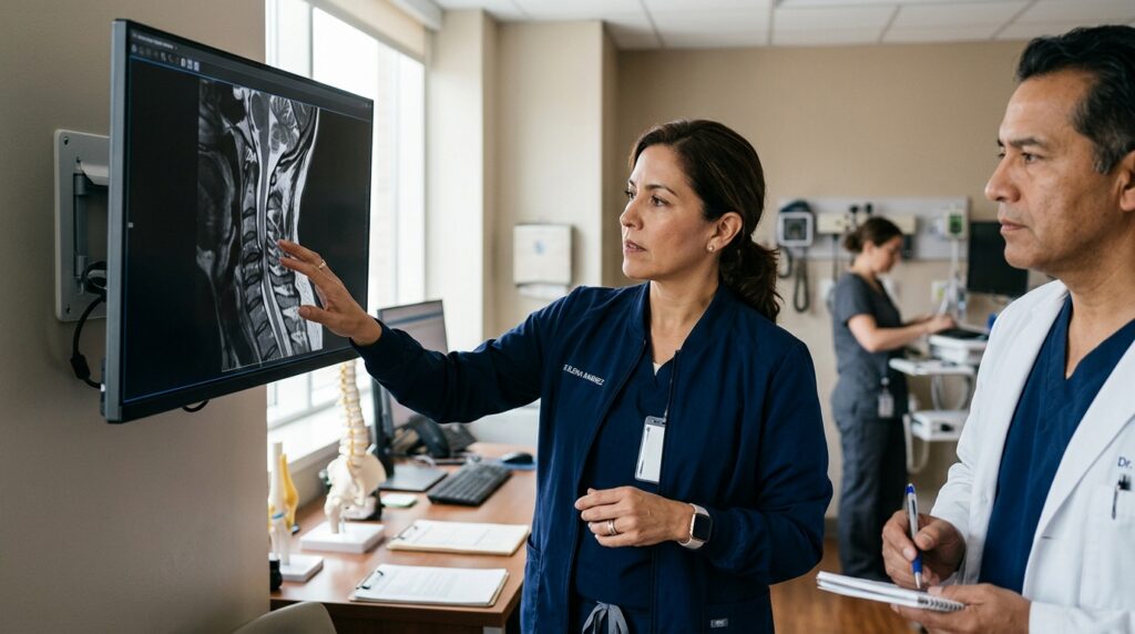 Neurocirujano hispano revisa una resonancia magnética cervical que muestra una lesión de la médula espinal.