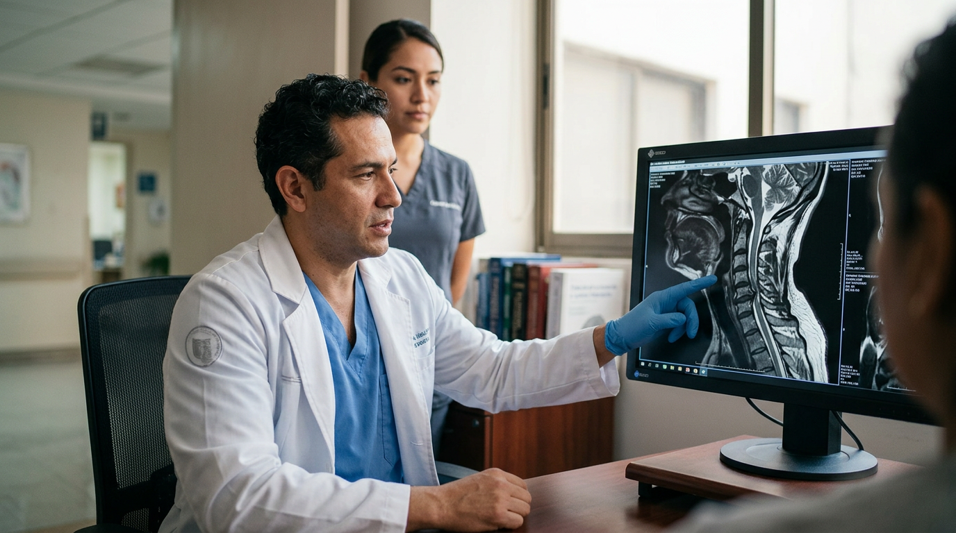 Neurocirujano hispano revisa una resonancia magnética cervical que muestra una lesión de la médula espinal.