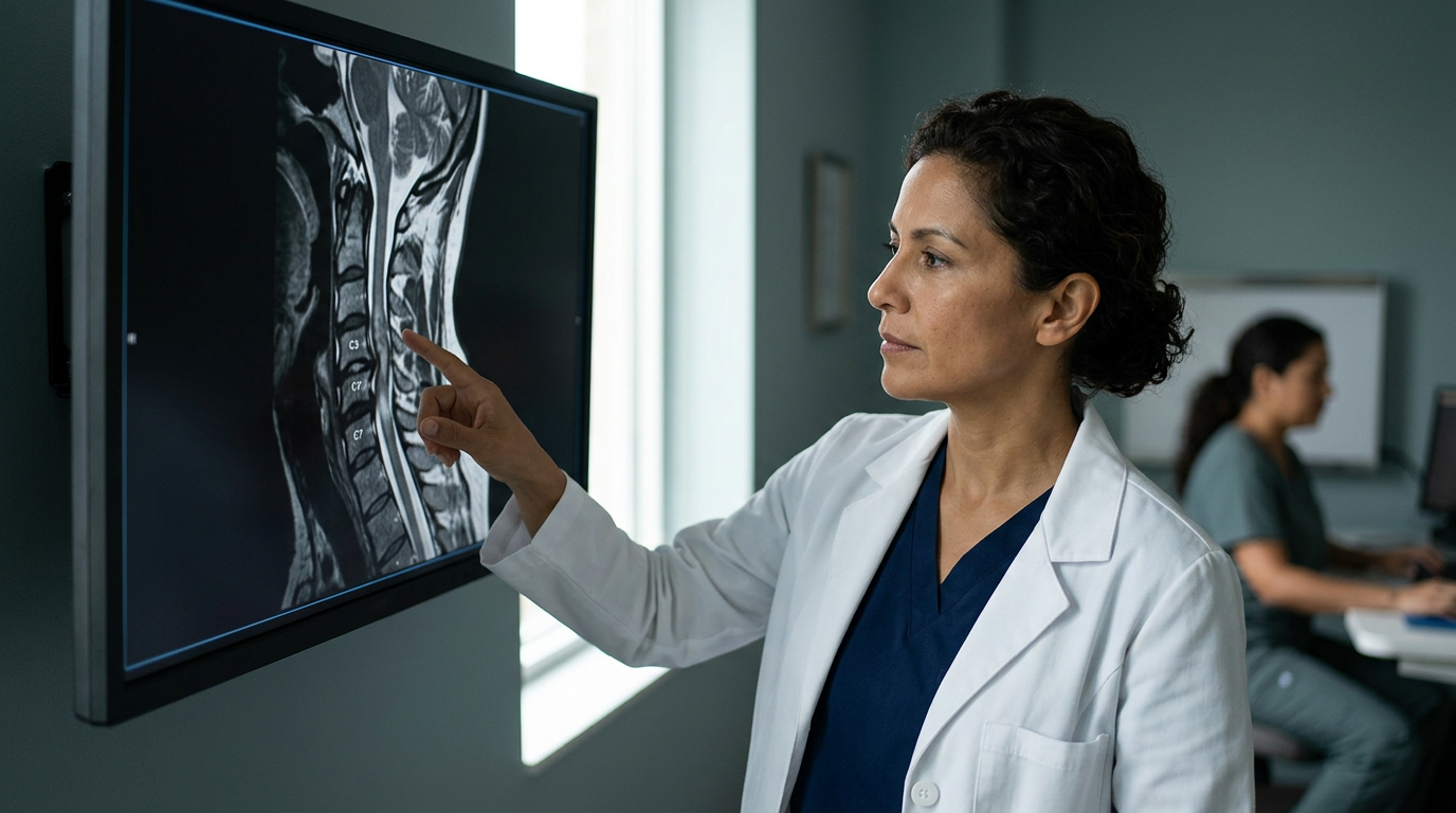 Neurocirujano hispano revisa una resonancia magnética de columna cervical con lesión medular.