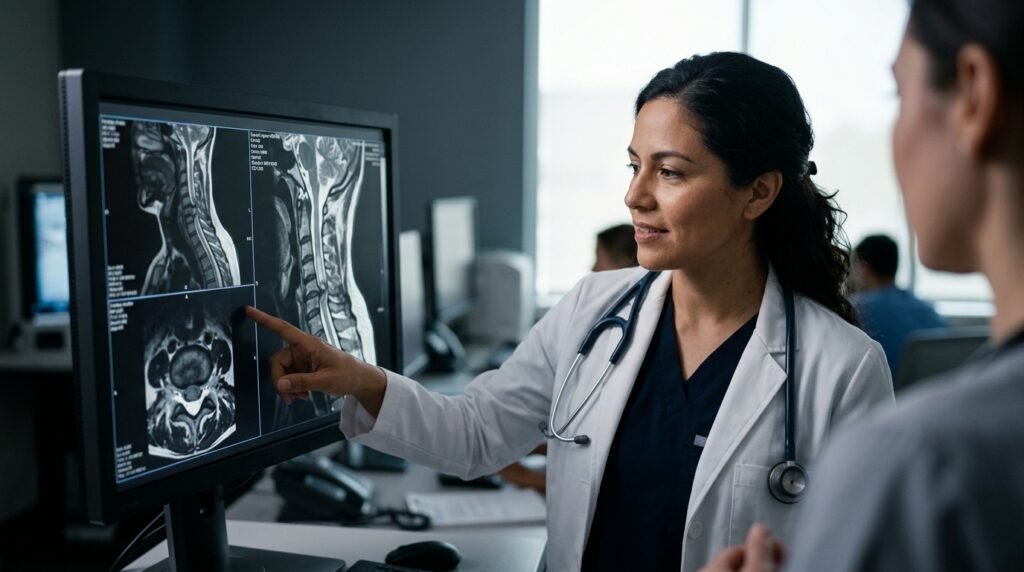 Neurocirujano hispano revisando una resonancia de columna cervical que muestra una lesión medular.