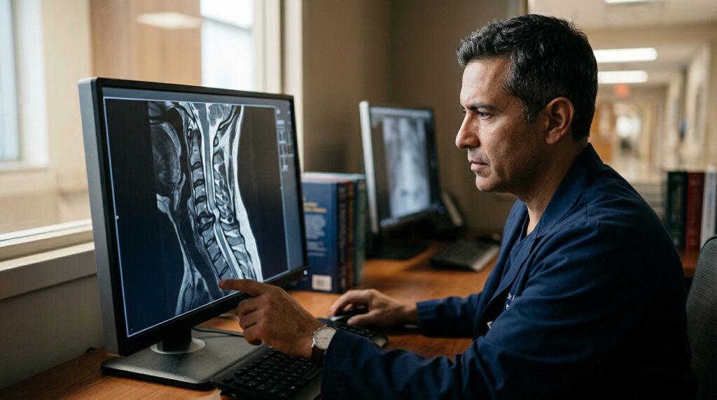 Neurocirujano hispano revisando una resonancia de columna cervical con lesión medular.