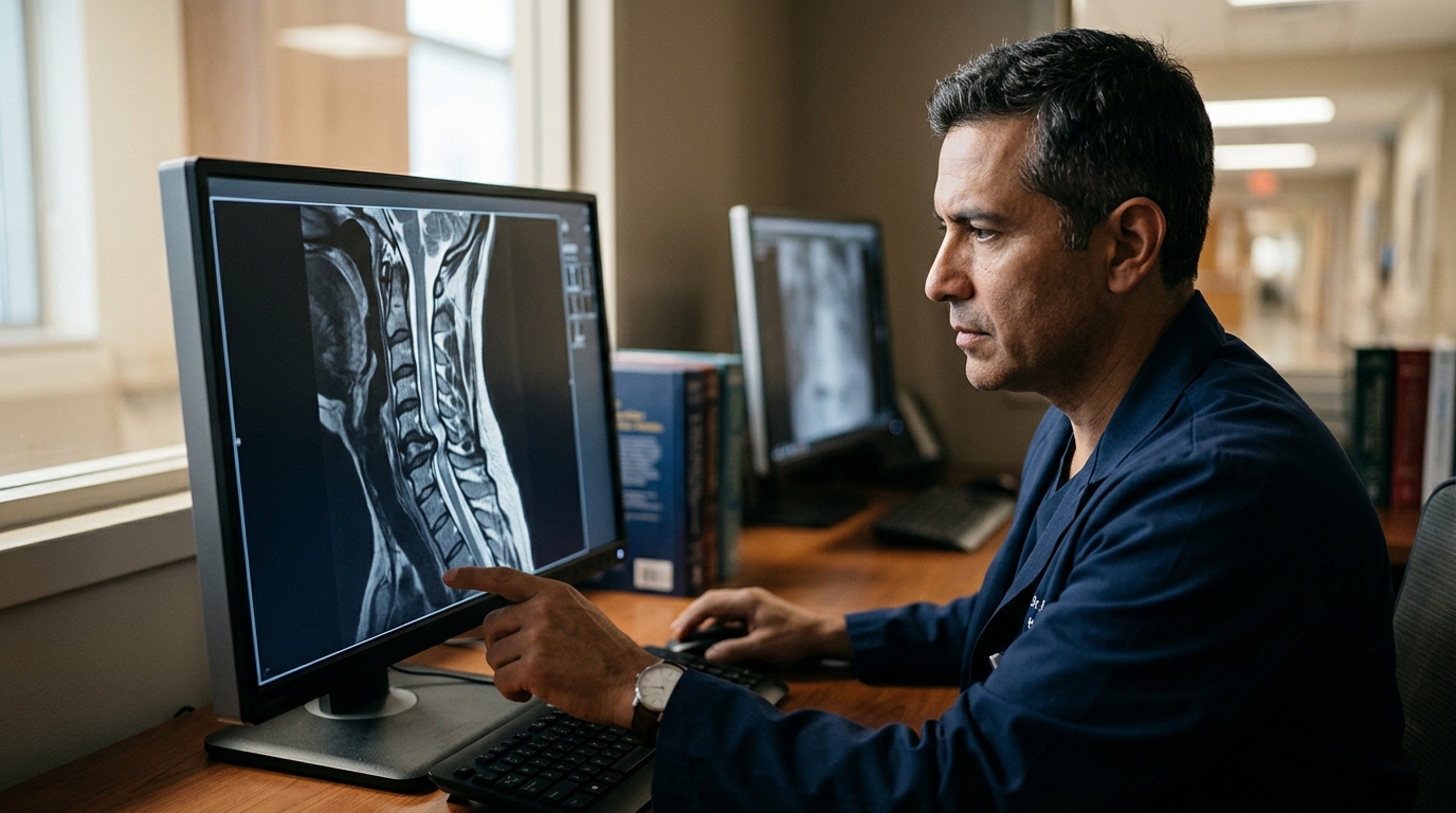 Neurocirujano hispano revisando una resonancia de columna cervical con lesión medular.