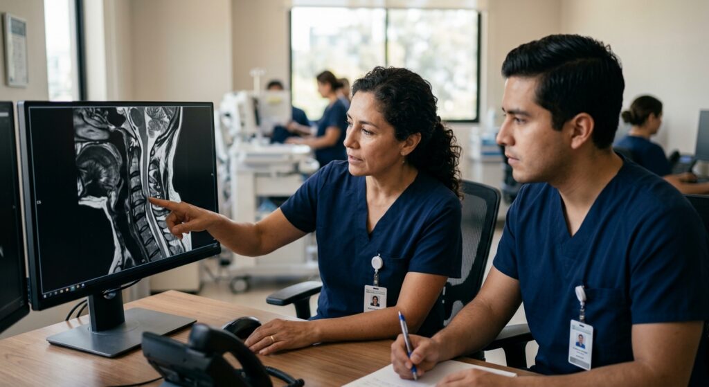 Neurocirujano hispano revisando una resonancia de columna cervical que muestra una lesión medular.