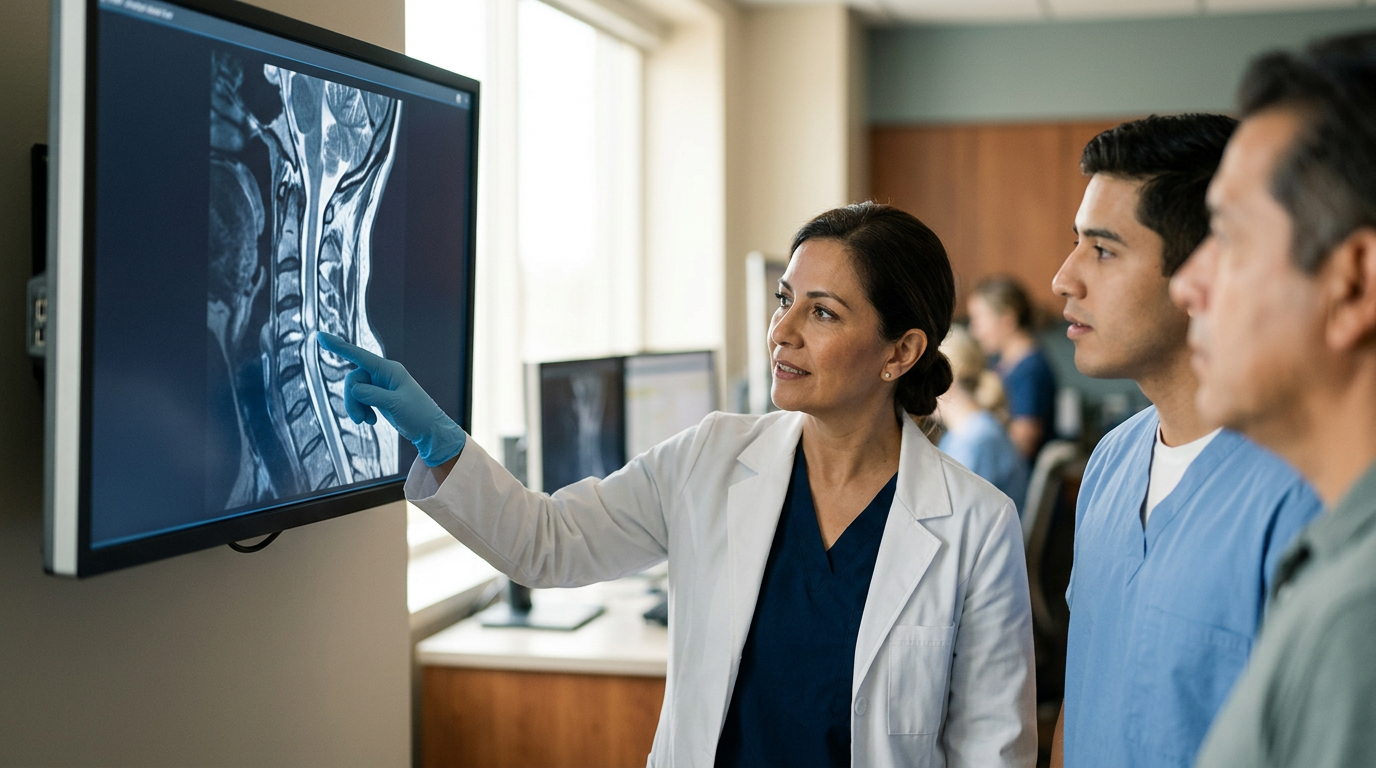 Neurocirujano hispano revisando una resonancia de columna cervical con lesión medular.