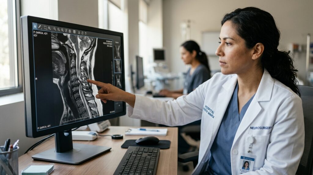 Neurocirujano hispano revisando una resonancia magnética cervical que muestra una lesión de la médula espinal.