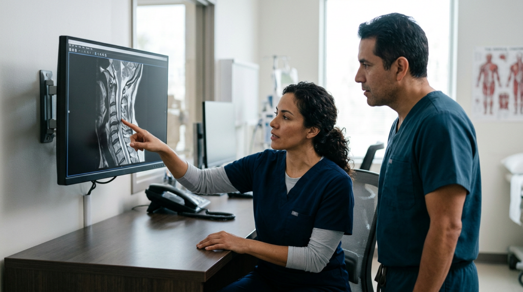 Neurocirujano hispano revisando una resonancia magnética de columna cervical con lesión medular.