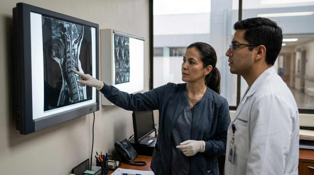 Neurocirujano latino examina resonancia magnética de columna que muestra una lesión medular.