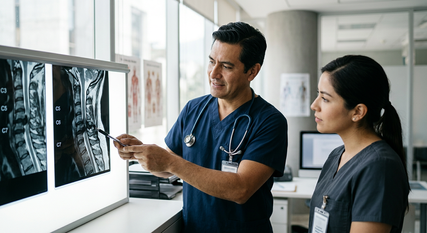 Neurocirujano latino examina resonancia magnética de columna cervical con lesión medular.