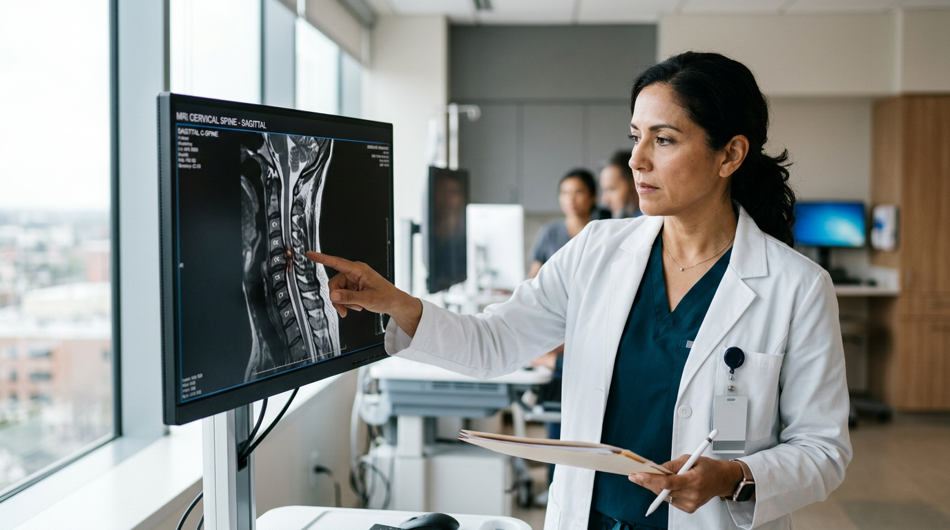 Neurocirujano latino examina una resonancia de columna cervical que muestra una lesión medular.