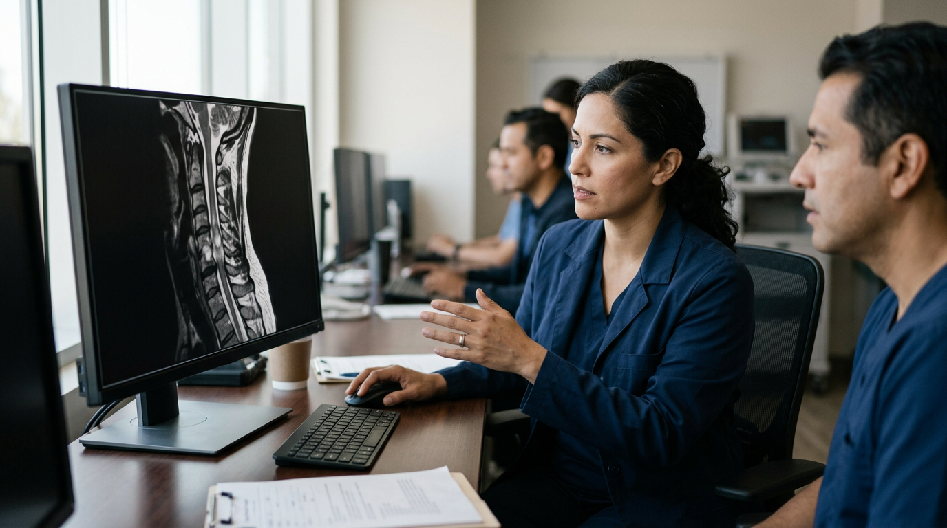 Neurocirujano latino examina una resonancia de columna cervical que muestra una lesión de la médula espinal.