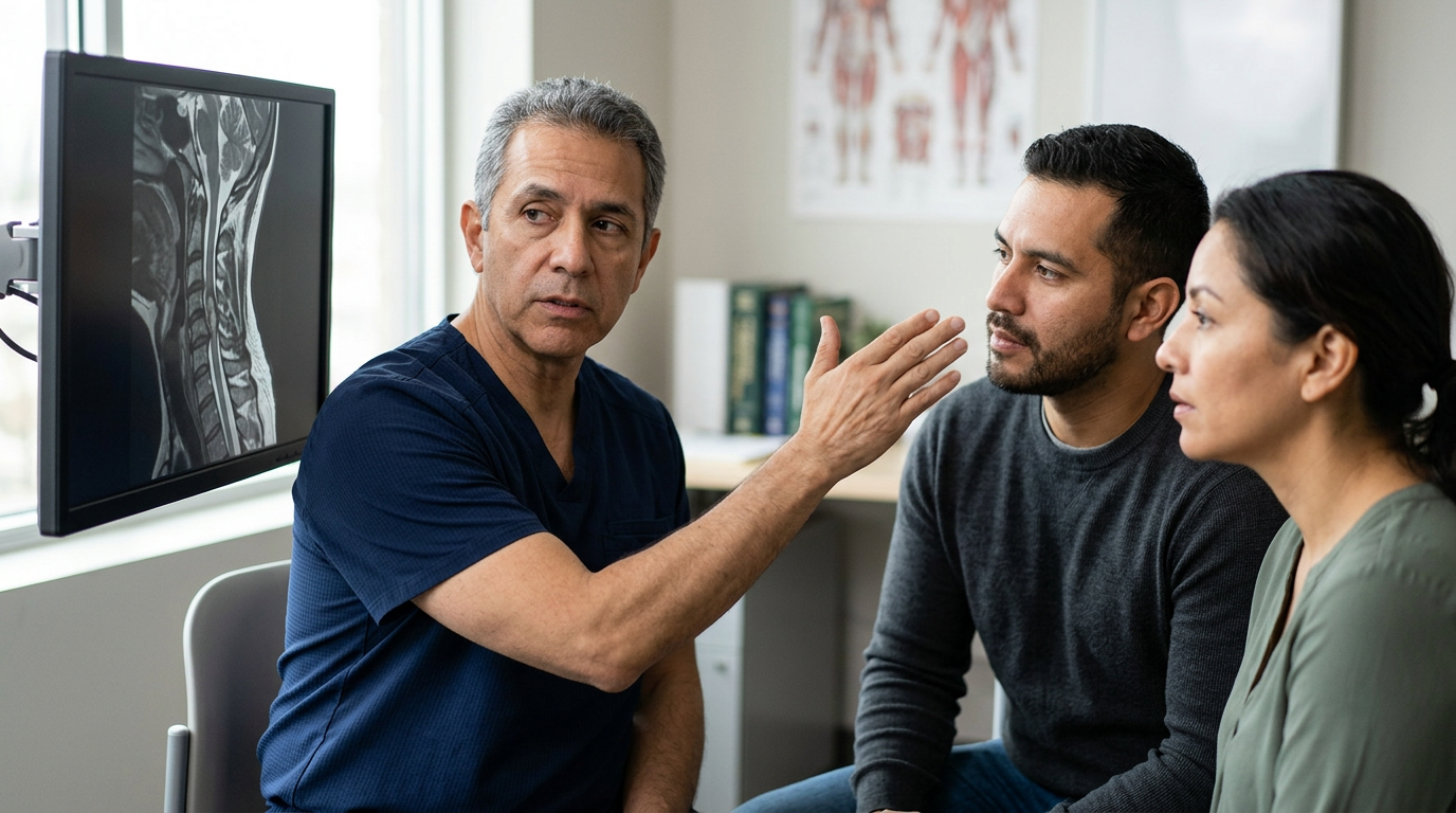 Neurocirujano latino examina una resonancia de columna cervical que muestra una lesión medular.