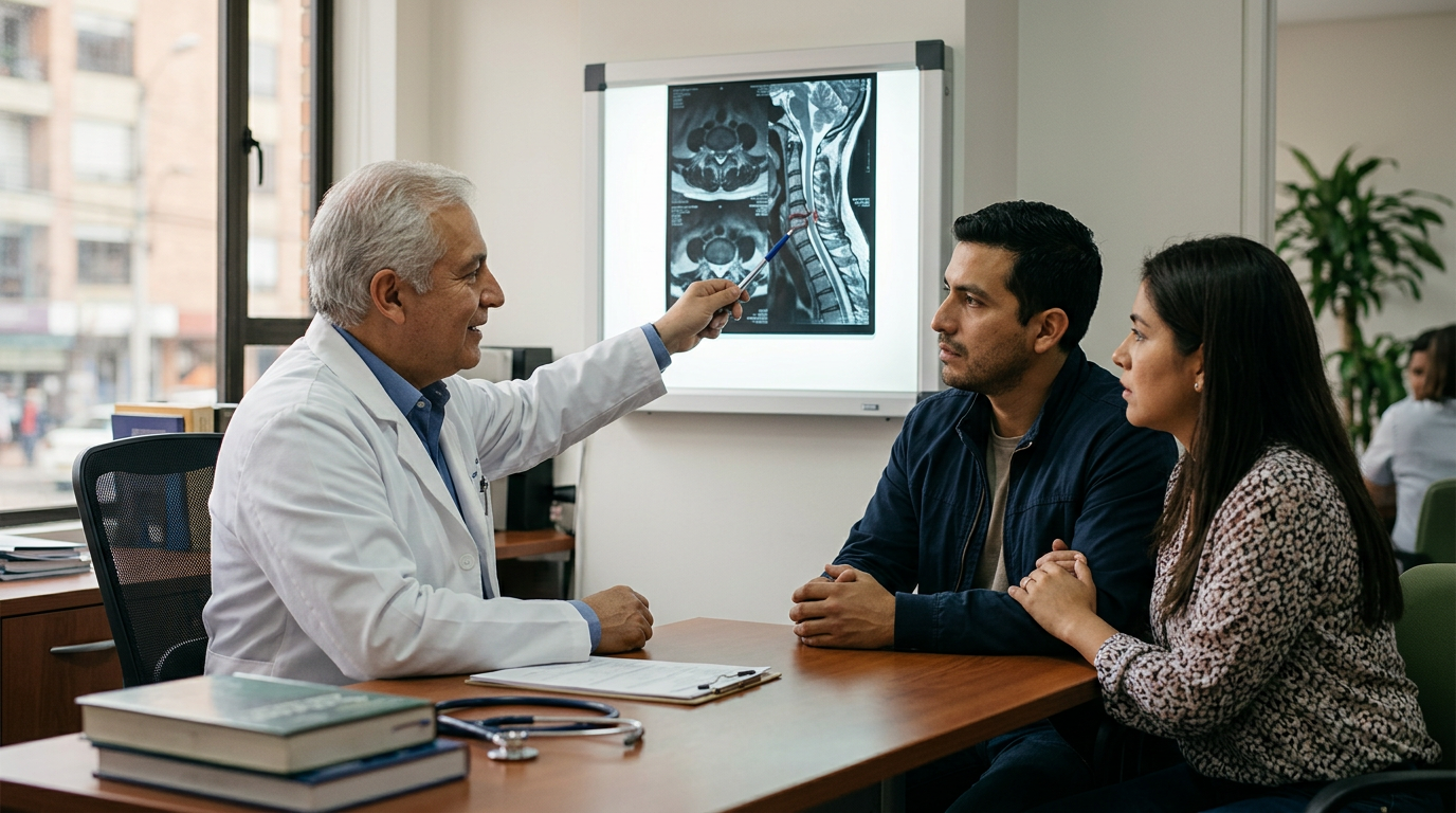 Neurocirujano latino examina una resonancia de columna cervical que muestra una lesión medular.
