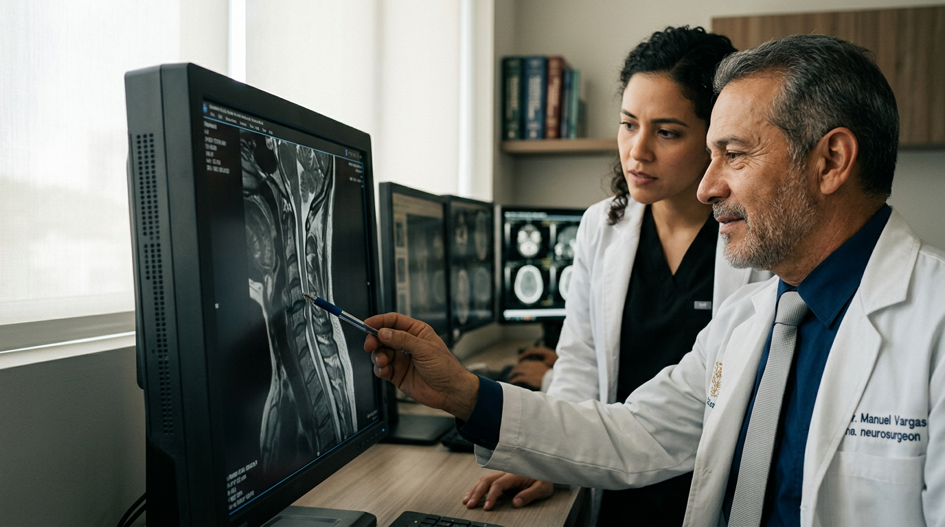 Neurocirujano latino examina una resonancia de columna cervical con lesión medular.
