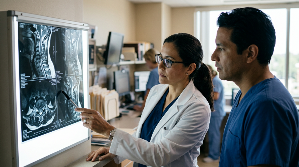 Neurocirujano latino examina una resonancia de columna cervical que muestra una lesión medular.