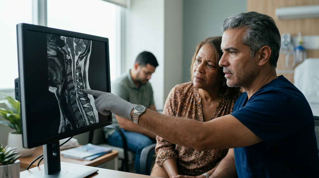 Neurocirujano latino examina una resonancia de columna cervical que muestra una lesión de la médula espinal.
