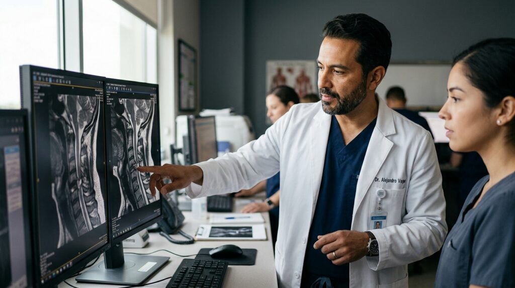 Neurocirujano latino examina una resonancia magnética cervical que muestra una lesión de la médula espinal.
