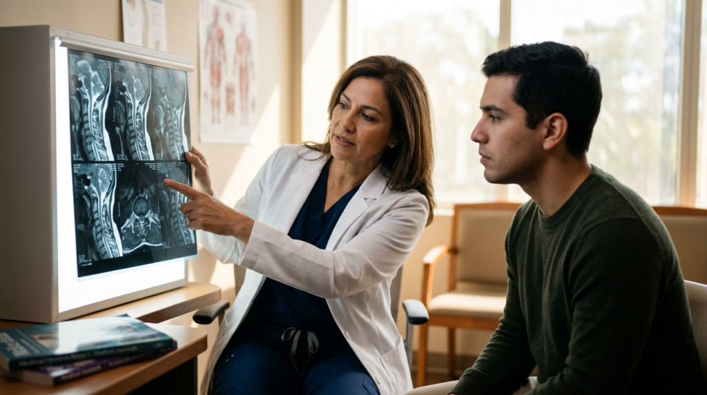 Neurocirujano latino examina una resonancia magnética cervical que muestra una lesión de la médula espinal.