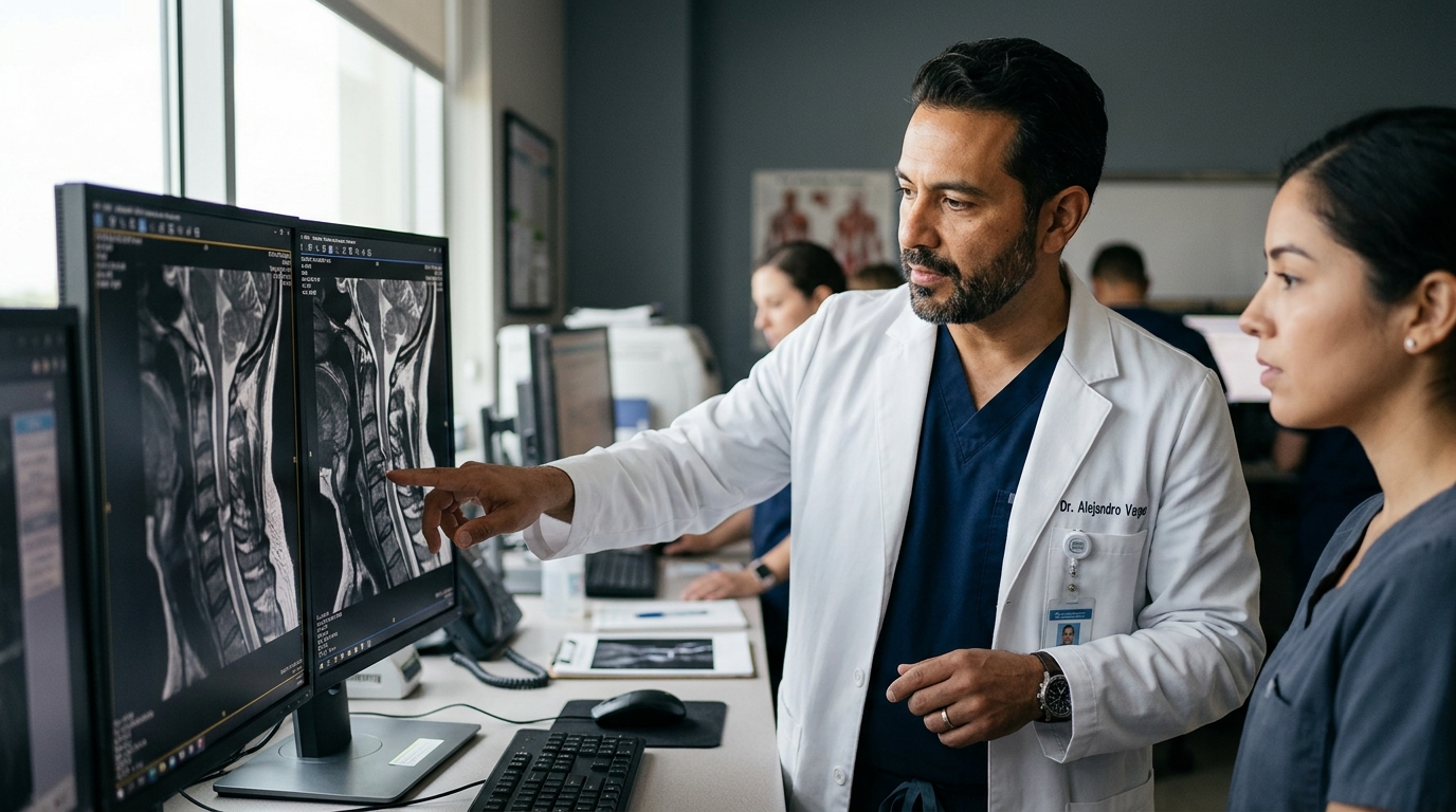 Neurocirujano latino examina una resonancia magnética cervical que muestra una lesión de la médula espinal.