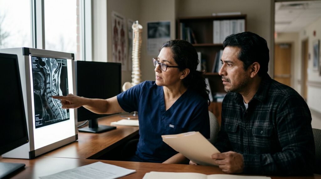 Neurocirujano latino examina una resonancia magnética de columna cervical que muestra una lesión medular.