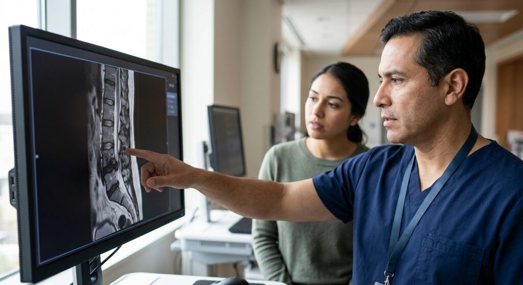 Neurocirujano latino examina una resonancia magnética de columna cervical con lesión medular.