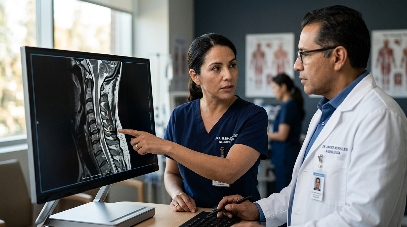 Neurocirujano latino examina una resonancia magnética de columna cervical con lesión de la médula espinal.