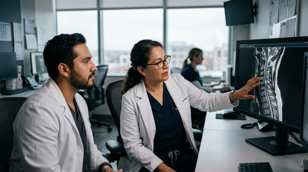 Neurocirujano latino examinando una resonancia magnética cervical que muestra una lesión de médula espinal.
