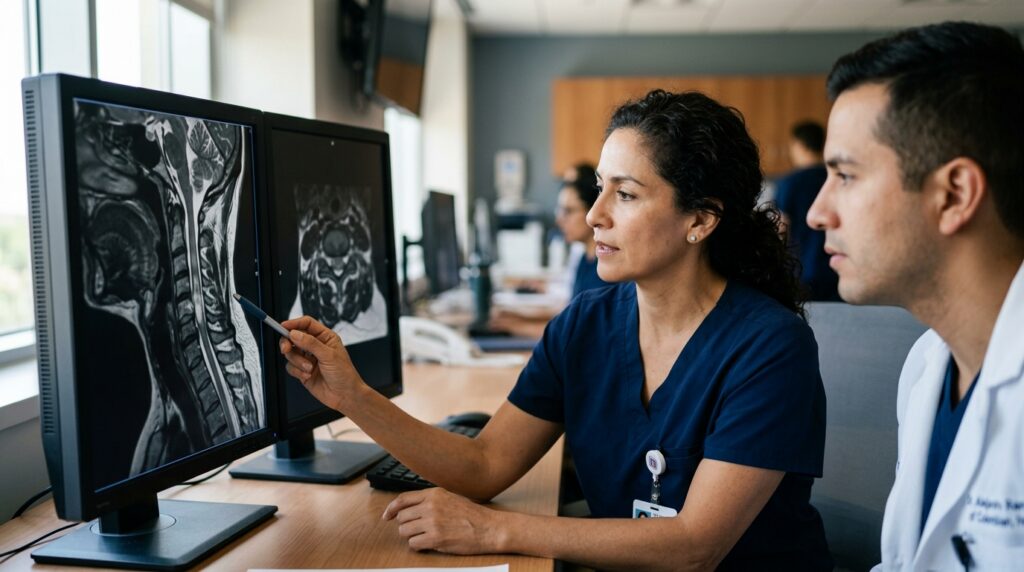 Neurocirujano latino examinando una resonancia magnética de columna cervical con lesión medular.