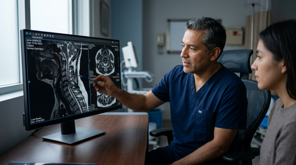 Neurocirujano latino revisa resonancia magnética cervical que muestra una lesión de la médula espinal.