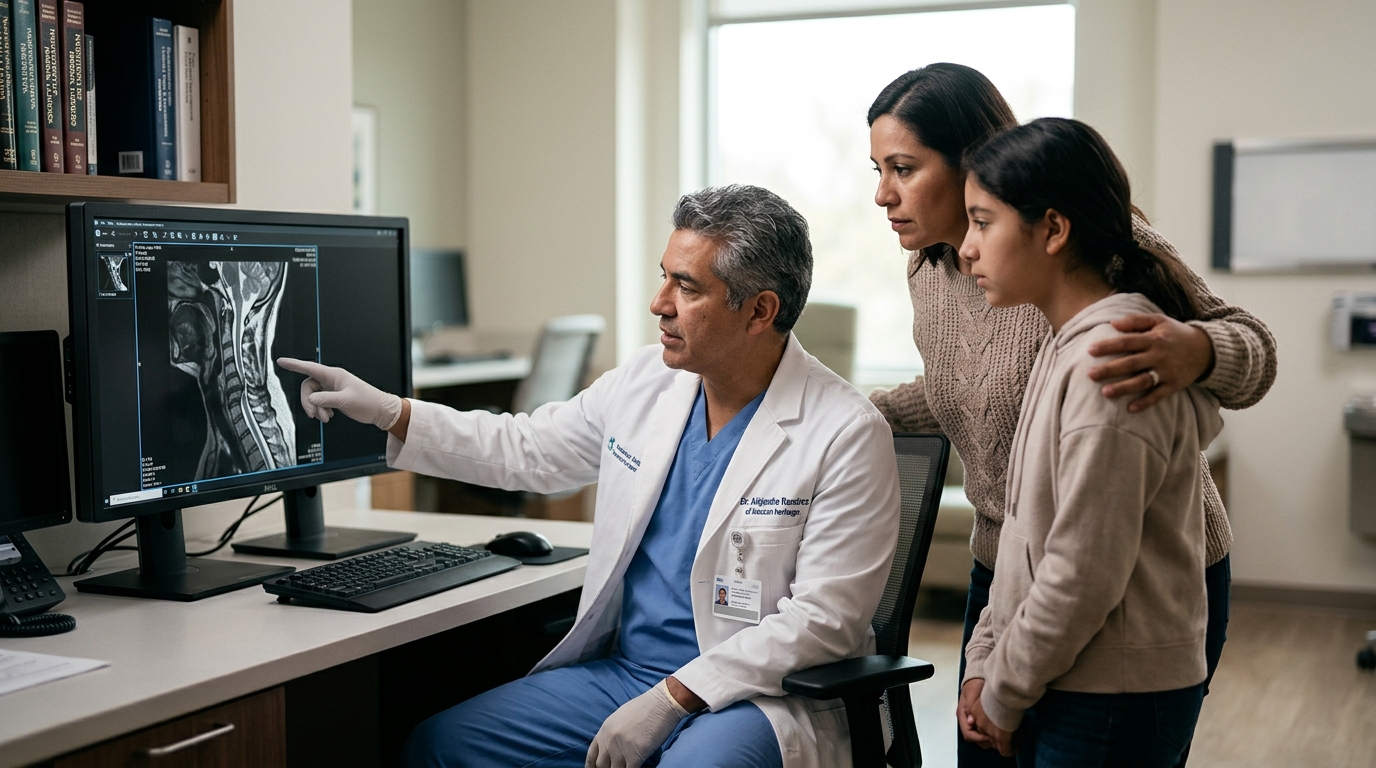 Neurocirujano latino revisa resonancia magnética cervical que muestra una lesión de la médula espinal.